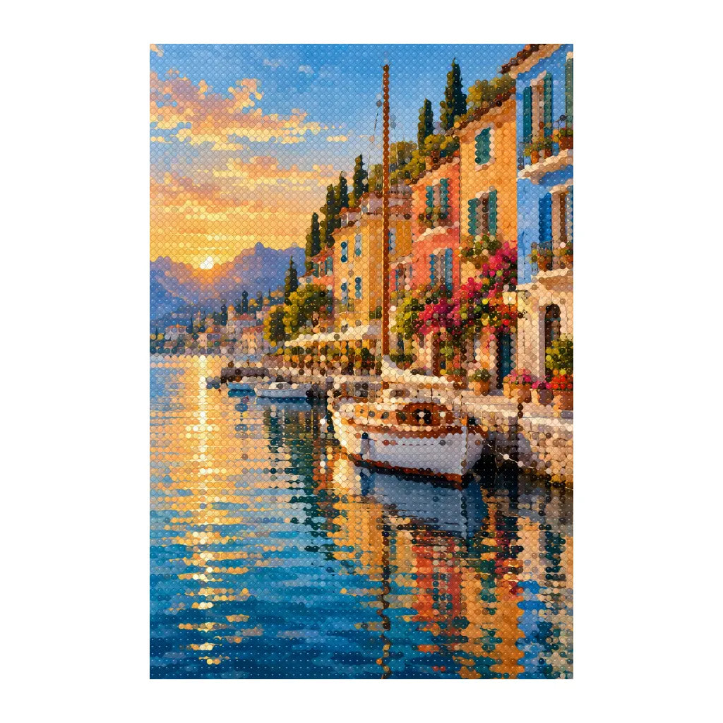 White-background finished diamond painting of copenhagen colorful harbor