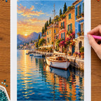 Hands placing drills on the copenhagen colorful harbor diamond painting canvas