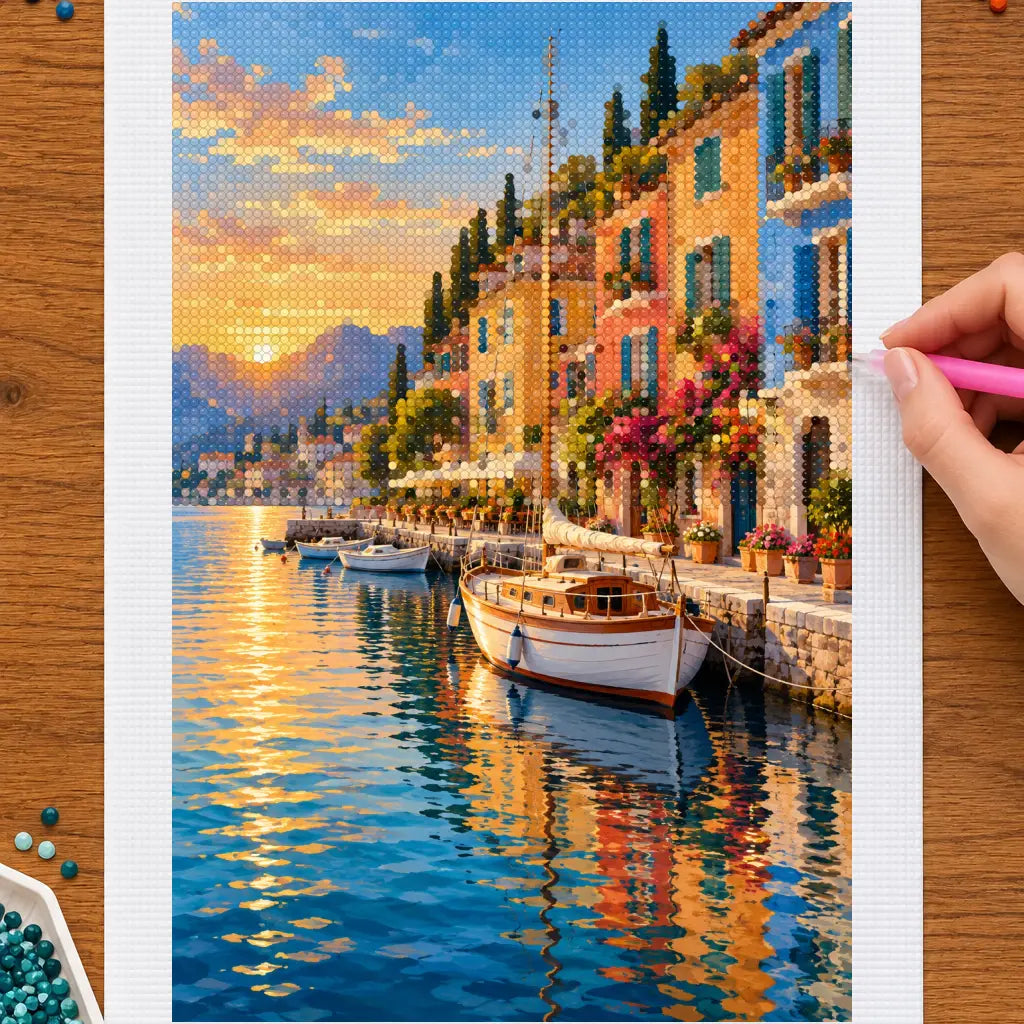 Hands placing drills on the copenhagen colorful harbor diamond painting canvas