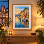 Framed home display of the copenhagen colorful harbor diamond painting