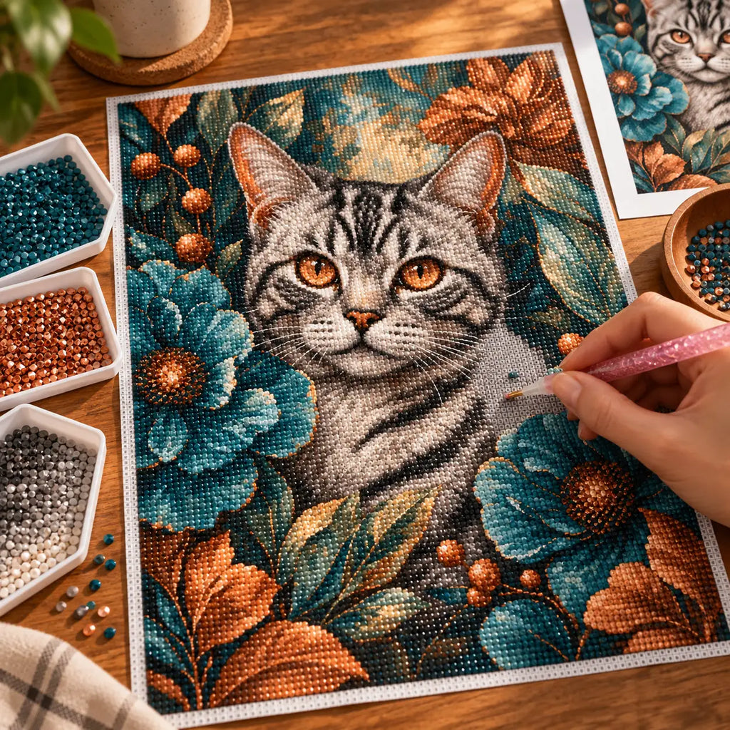 Diamond painting process for Copper Gaze Among Blooms Diamond Painting Kit