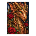 White-background original artwork of a copper mechanical dragon among deep red roses and brass gears for a diamond painting kit