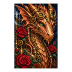 White-background original artwork of a copper mechanical dragon among deep red roses and brass gears for a diamond painting kit