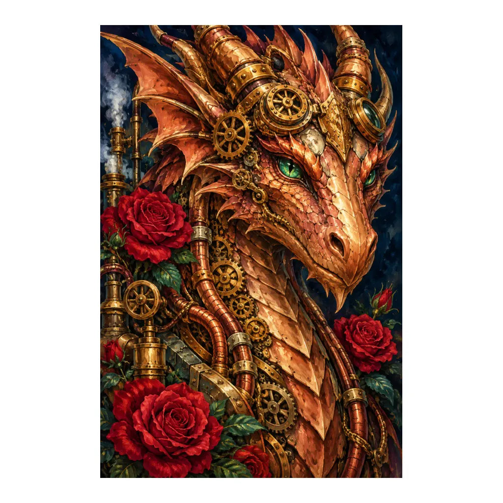White-background original artwork of a copper mechanical dragon among deep red roses and brass gears for a diamond painting kit