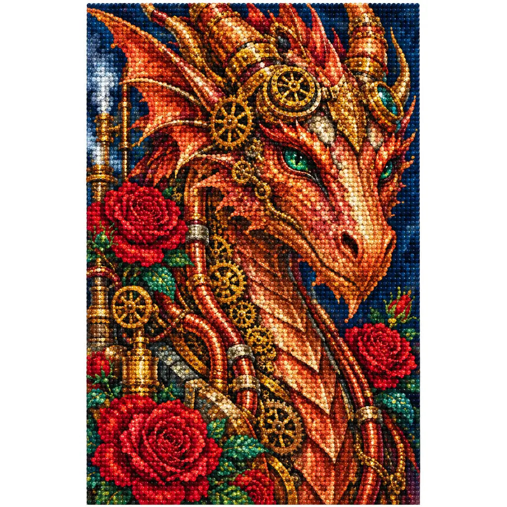 White-background finished diamond painting of a copper mechanical dragon among deep red roses and brass gears with sparkling drills