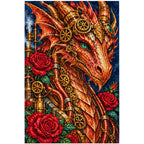White-background finished diamond painting of a copper mechanical dragon among deep red roses and brass gears with sparkling drills