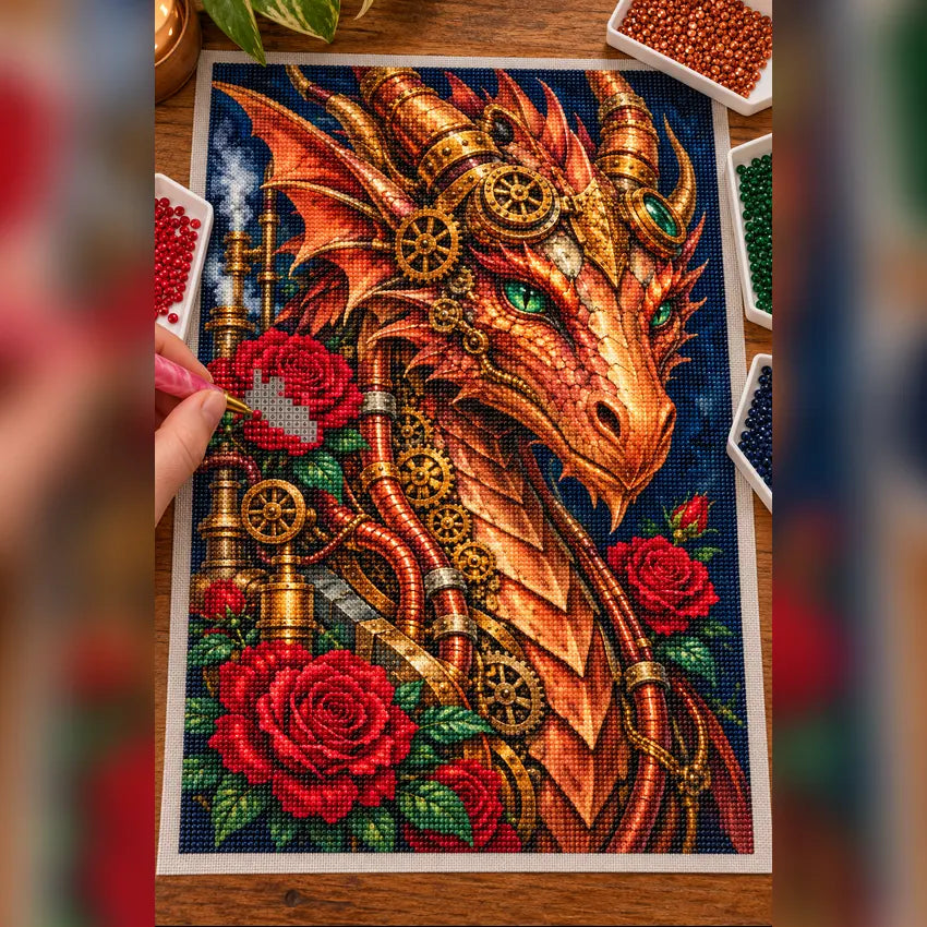 Diamond painting process showing a copper mechanical dragon among deep red roses and brass gears being completed with a stylus