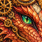Close-up diamond drill detail of a copper mechanical dragon among deep red roses and brass gears artwork