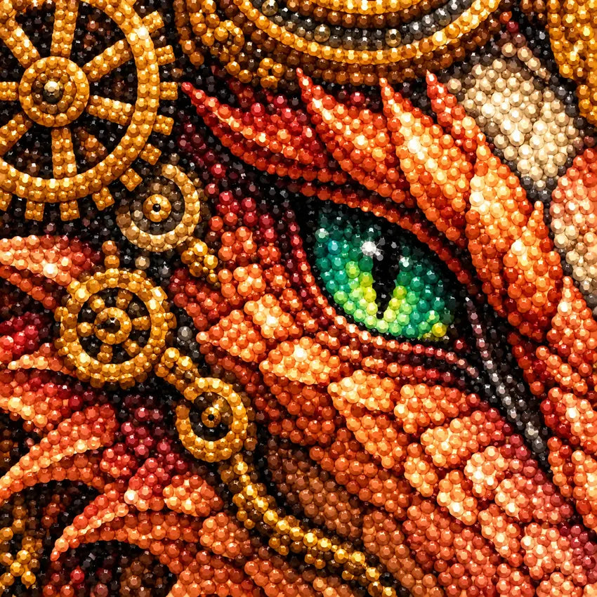 Close-up diamond drill detail of a copper mechanical dragon among deep red roses and brass gears artwork