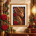 Framed a copper mechanical dragon among deep red roses and brass gears diamond painting displayed as home decor