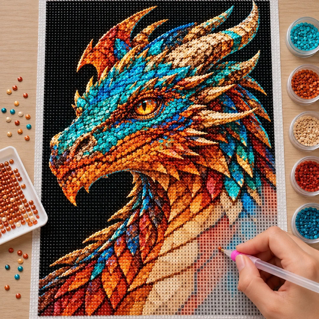 Copper Turquoise Mosaic Dragon diamond painting process with pen and tray
