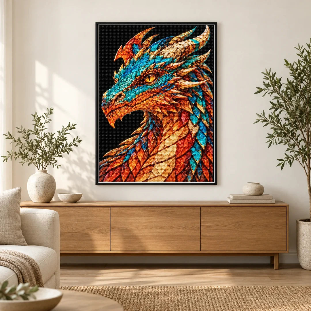 Copper Turquoise Mosaic Dragon finished diamond painting in a home interior