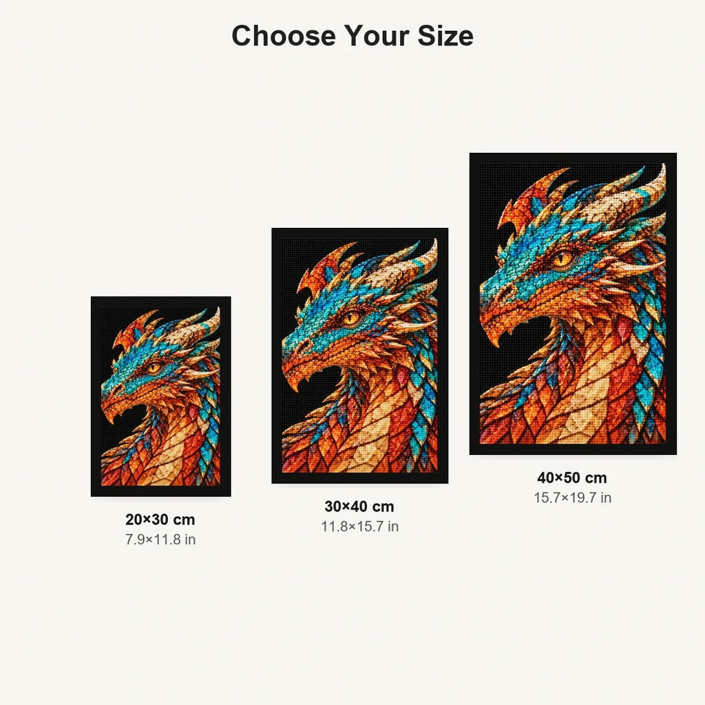 Copper Turquoise Mosaic Dragon 20 by 30, 30 by 40, and 40 by 50 centimeter size guide