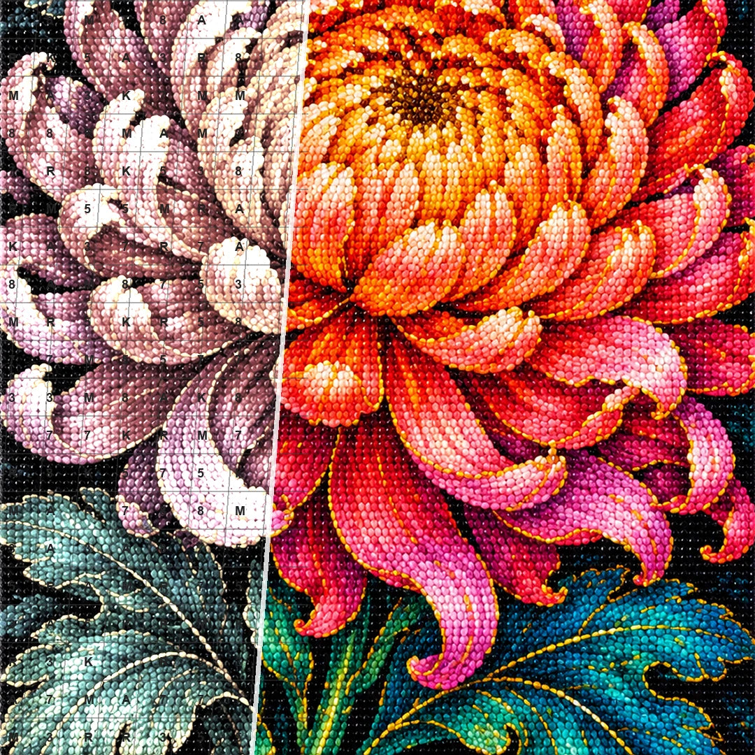 Coral Chrysanthemum Bloom Diamond Painting Kit — Diamond and canvas detail
