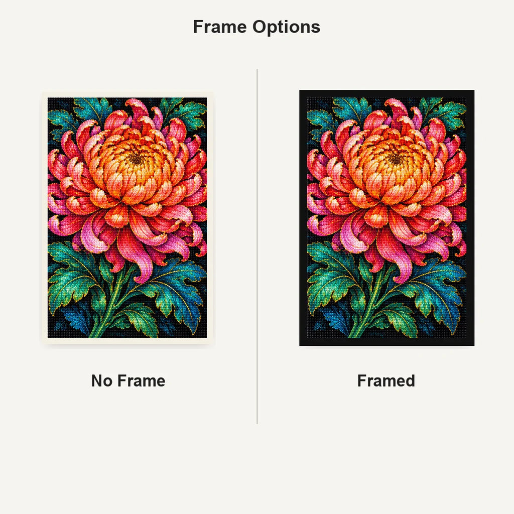 Coral Chrysanthemum Bloom Diamond Painting Kit — No Frame and Framed comparison