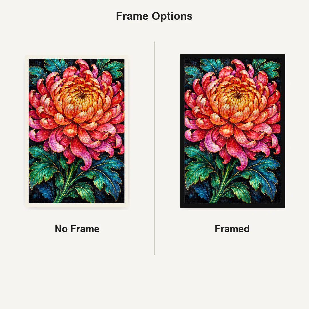 Coral Chrysanthemum Bloom Diamond Painting Kit — No Frame and Framed comparison