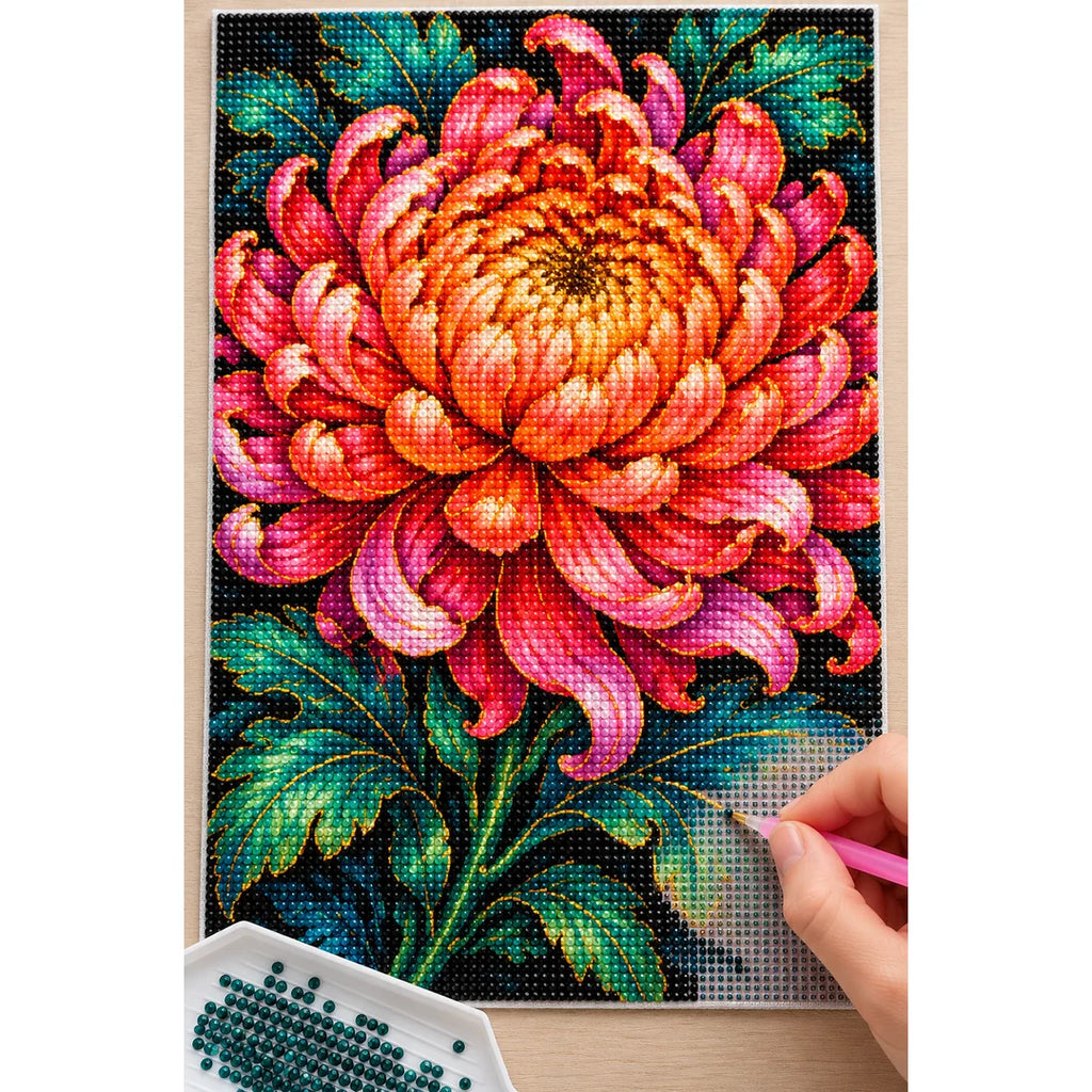 Coral Chrysanthemum Bloom Diamond Painting Kit — Diamond painting process
