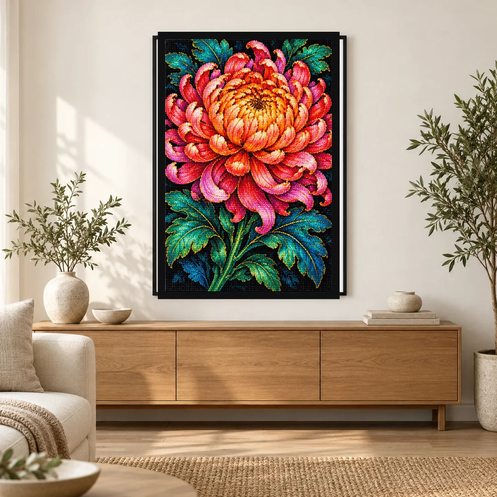 Coral Chrysanthemum Bloom Diamond Painting Kit — Home decor scene