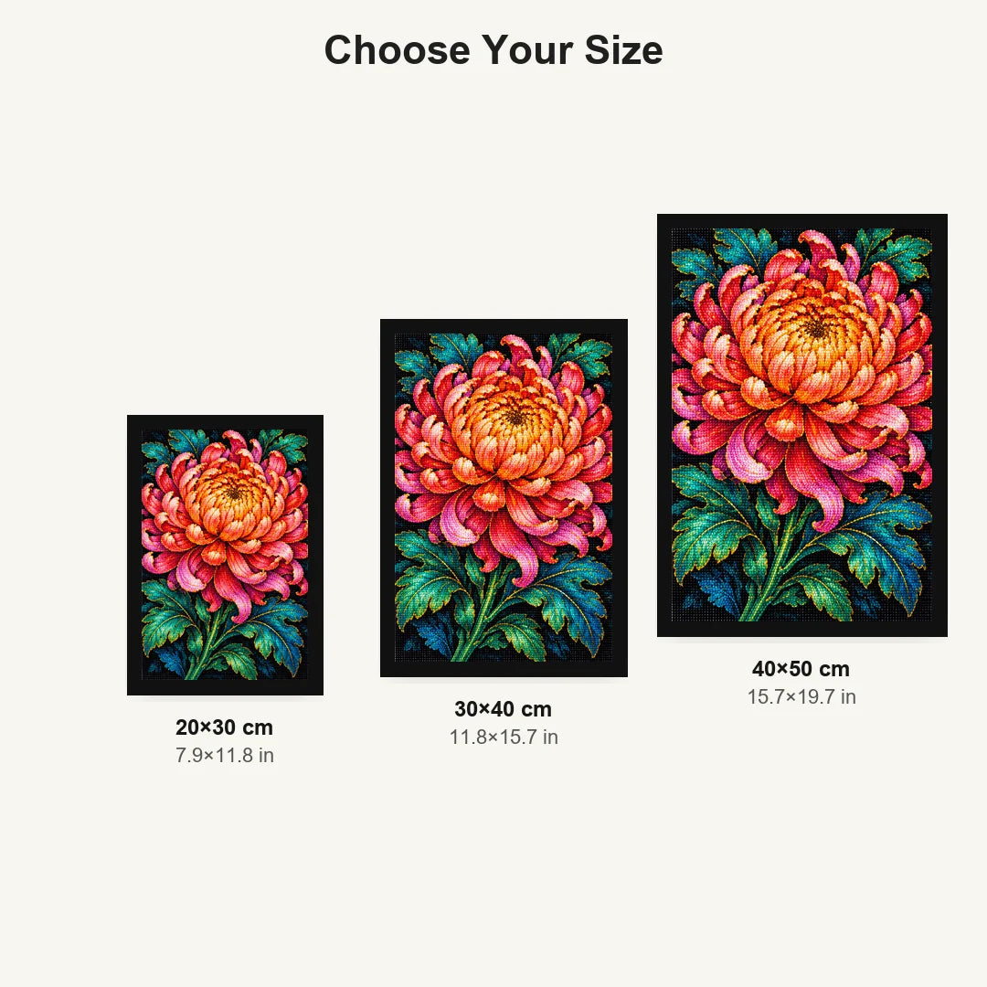 Coral Chrysanthemum Bloom Diamond Painting Kit — Size guide