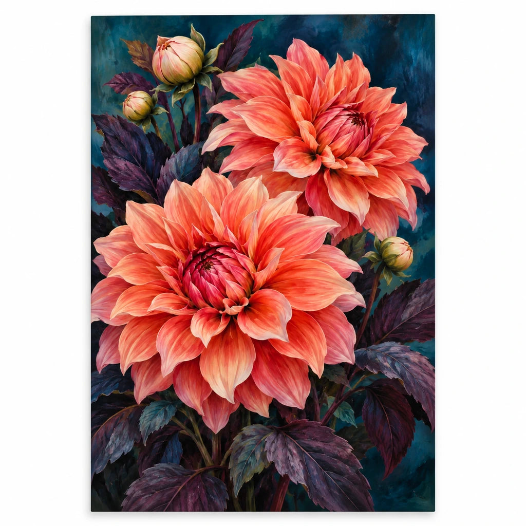 Coral dahlias against a midnight background: original artwork on a white background