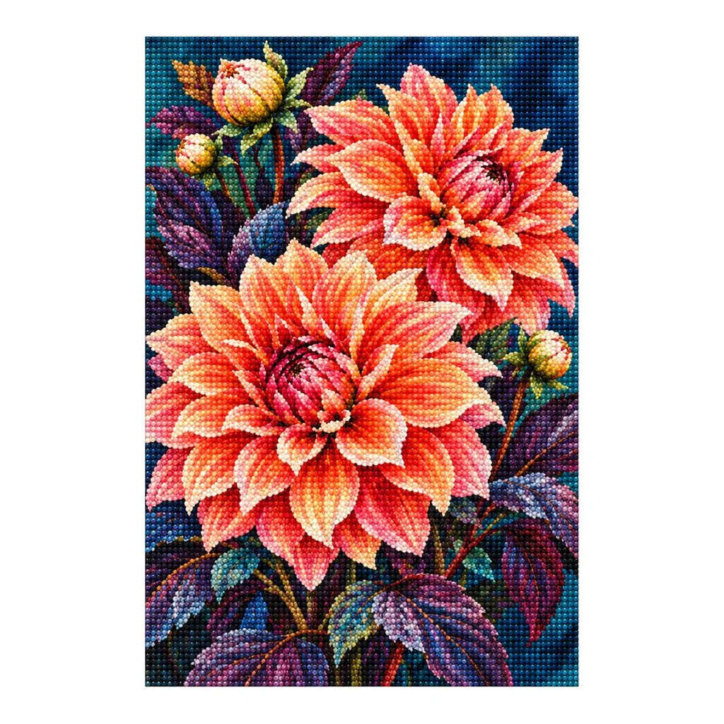 Coral dahlias against a midnight background: finished diamond painting on a white background