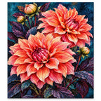 Coral dahlias against a midnight background: finished diamond painting on a white background