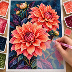 Coral dahlias against a midnight background: diamond painting being completed with a pen