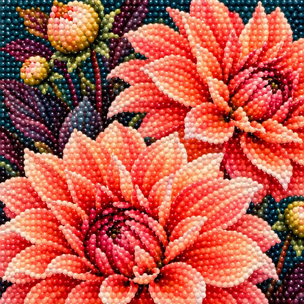 Coral dahlias against a midnight background: close-up of diamond drills
