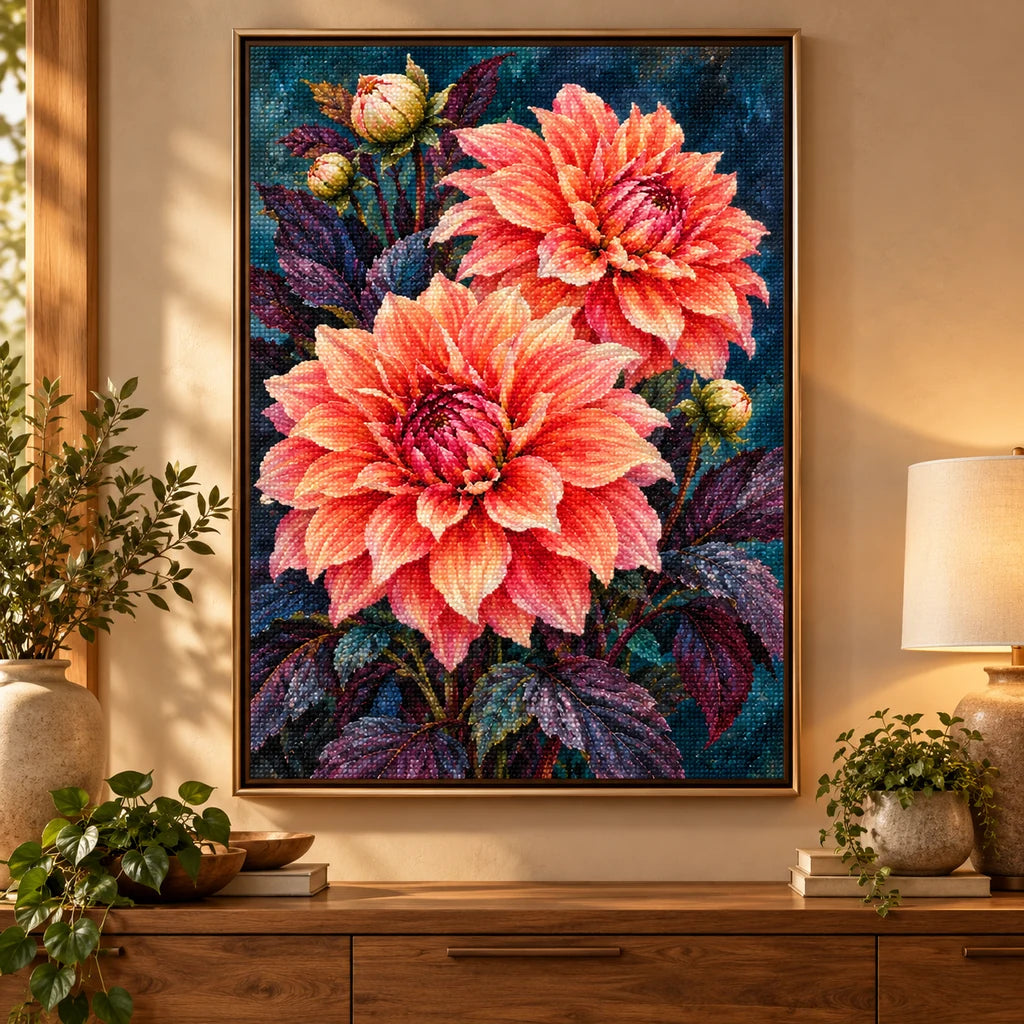 Coral dahlias against a midnight background: diamond painting displayed as home wall decor