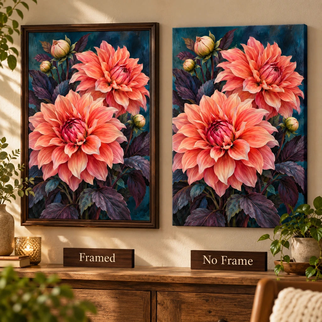 Coral dahlias against a midnight background: framed and no-frame style comparison