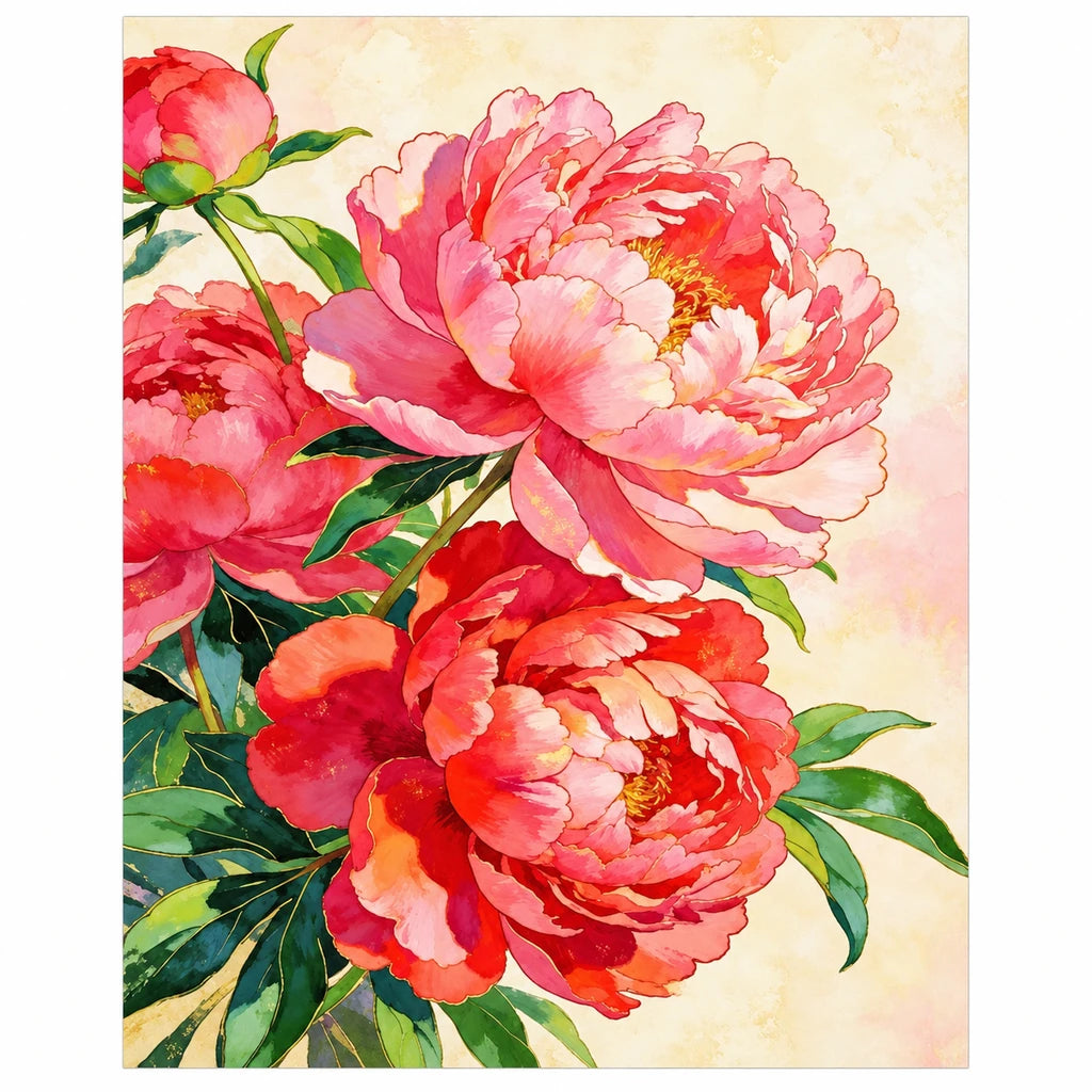 Original artwork for Coral Peonies in Bloom Diamond Painting Kit, showing several coral and pink peony blooms with layered petals and green leaves.