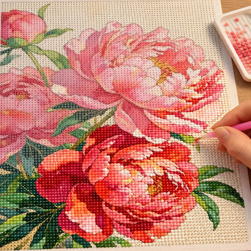 Diamond painting process for Coral Peonies in Bloom Diamond Painting Kit, with drills being placed over several coral and pink peony blooms with layered petals and green leaves.