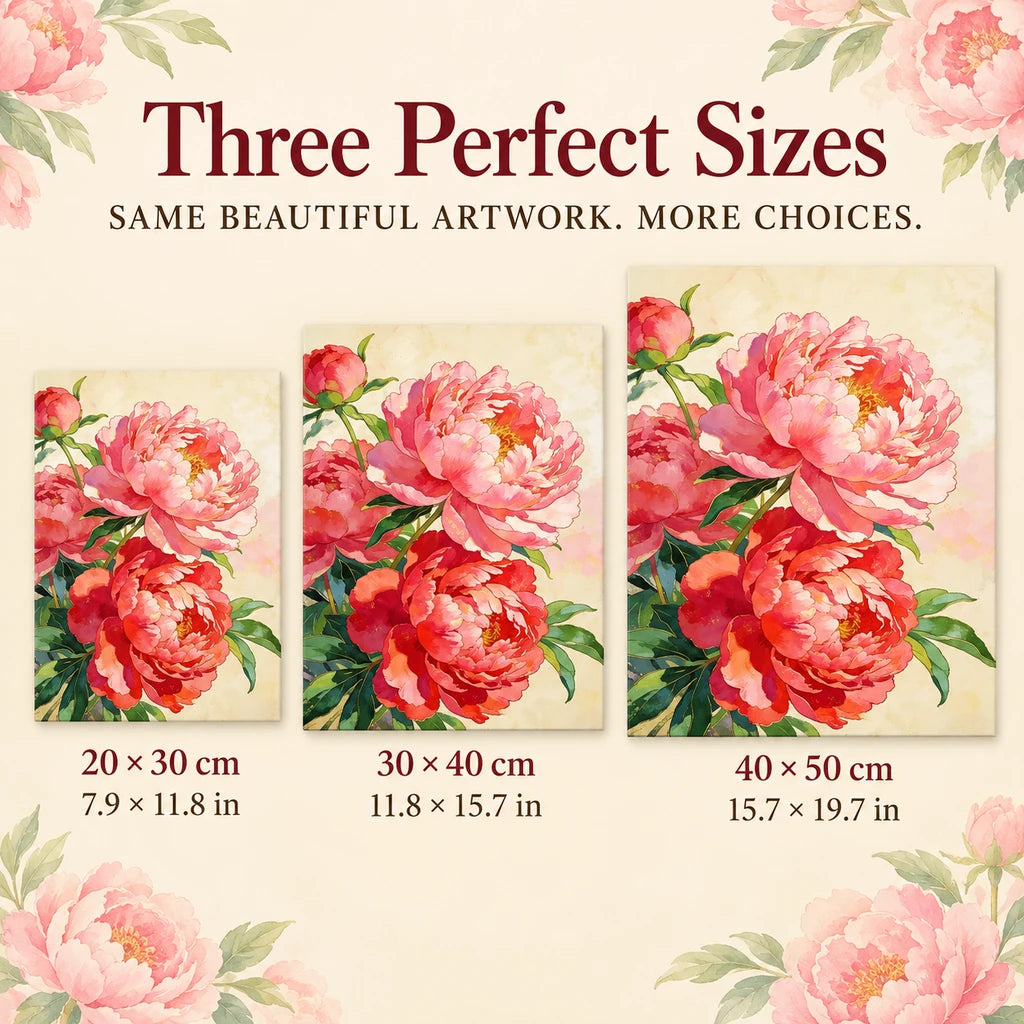 Size guide for Coral Peonies in Bloom Diamond Painting Kit: 20 × 30 cm, 30 × 40 cm, and 40 × 50 cm.