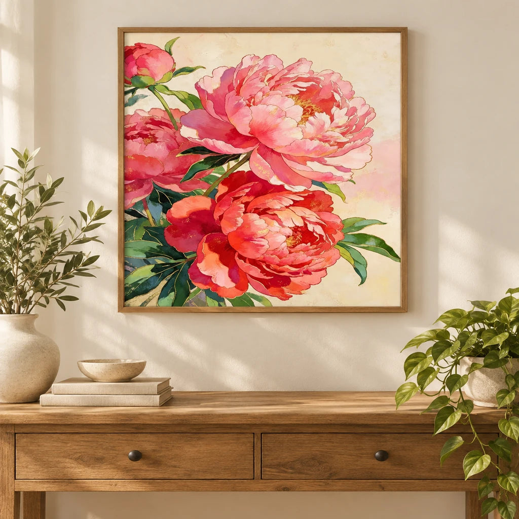 Home decor scene showing Coral Peonies in Bloom Diamond Painting Kit artwork displayed on a wall.