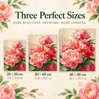 Size guide for Coral Peony Cluster Diamond Painting Kit: 20 × 30 cm, 30 × 40 cm, and 40 × 50 cm.