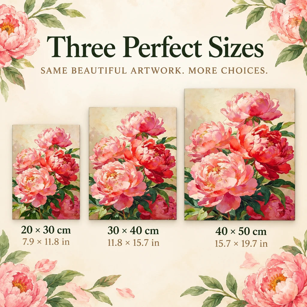 Size guide for Coral Peony Cluster Diamond Painting Kit: 20 × 30 cm, 30 × 40 cm, and 40 × 50 cm.