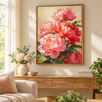 Home decor scene showing Coral Peony Cluster Diamond Painting Kit artwork displayed on a wall.