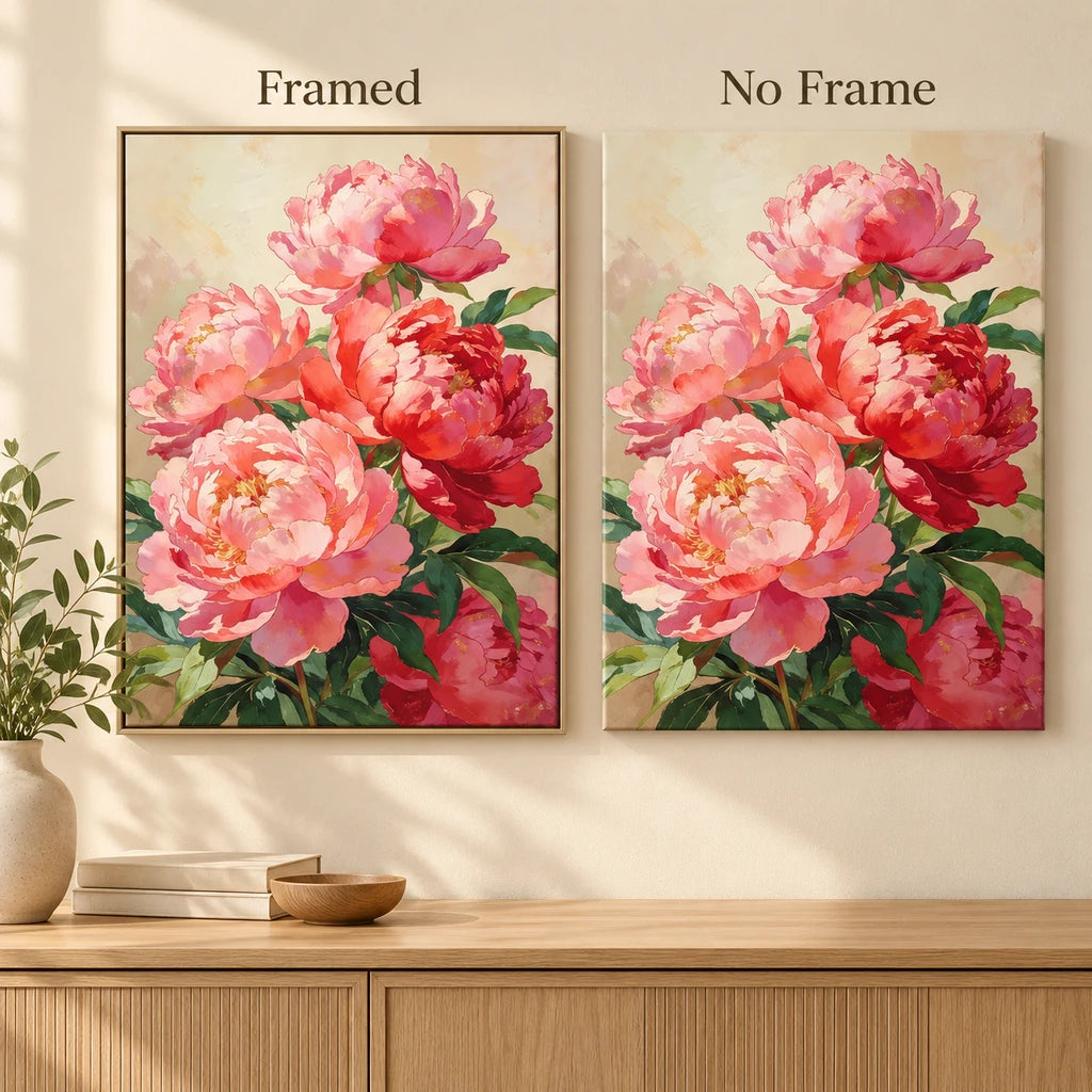 Framed and no-frame comparison for Coral Peony Cluster Diamond Painting Kit.