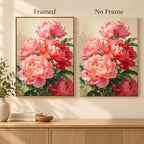 Framed and no-frame comparison for Coral Peony Cluster Diamond Painting Kit.