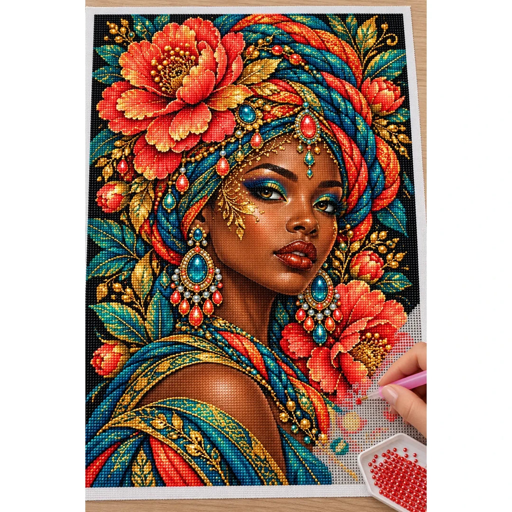 Coral Peony Empress diamond painting process with pen and tray