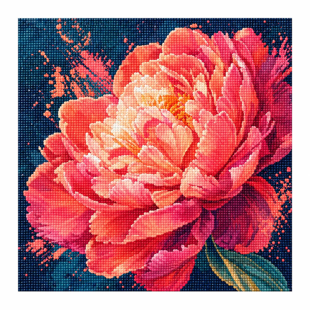 White-background finished diamond painting of Coral Blaze Peony
