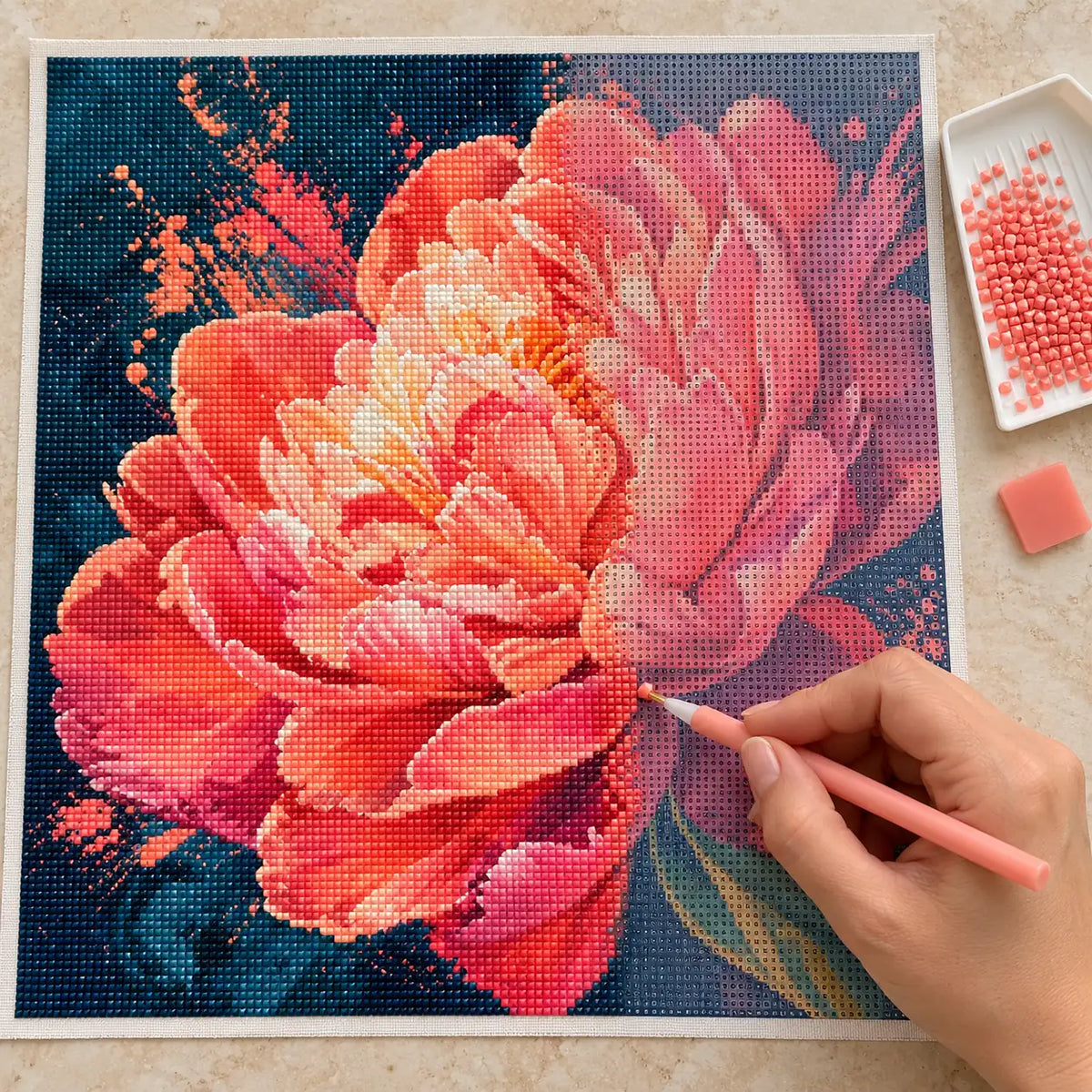 Diamond painting process for Coral Blaze Peony