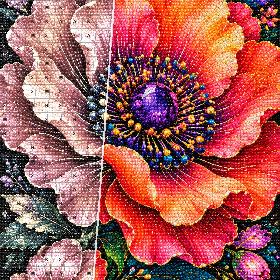 Coral Poppy Jewel Bloom Diamond Painting Kit — Diamond and canvas detail