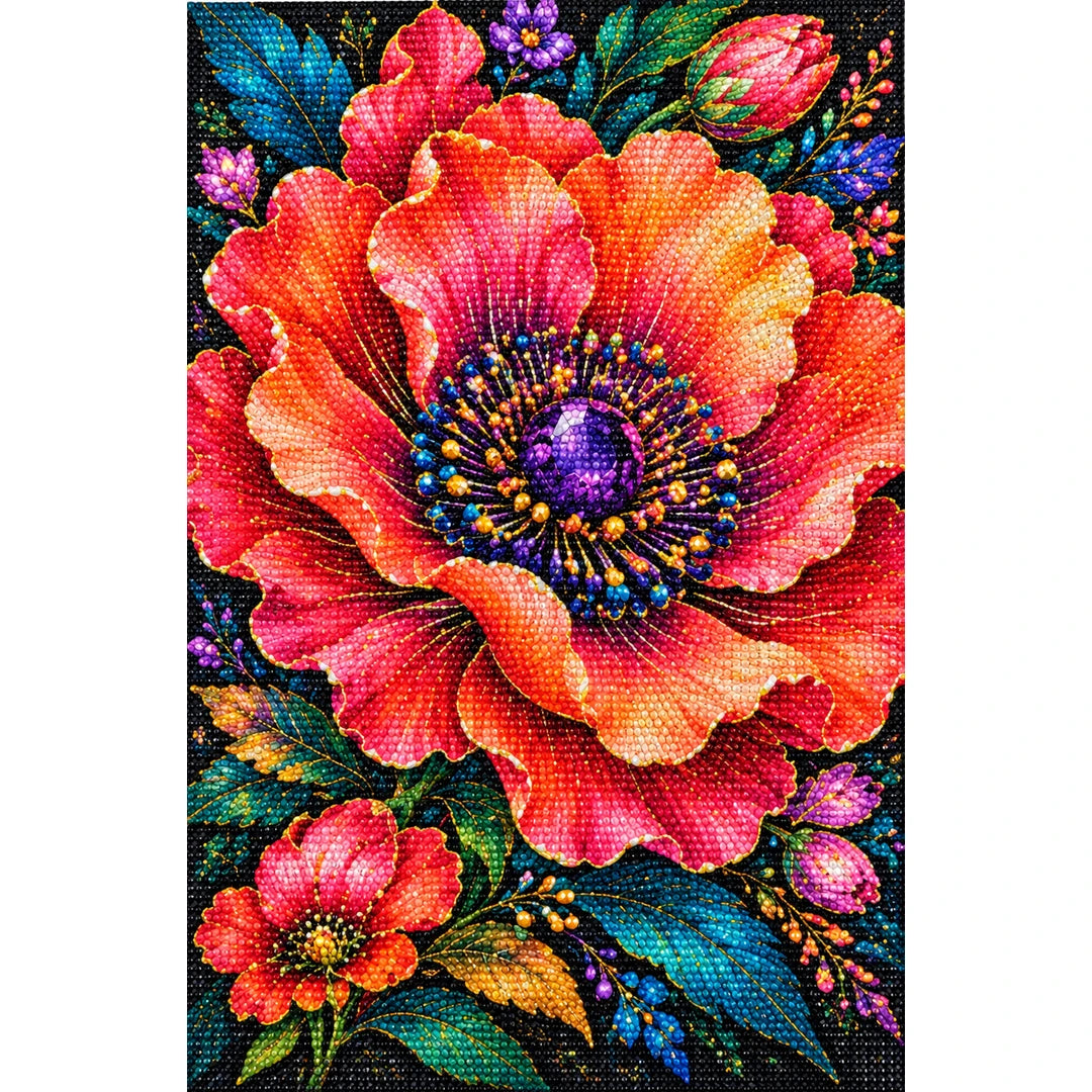 Coral Poppy Jewel Bloom Diamond Painting Kit — Finished white-background diamond painting