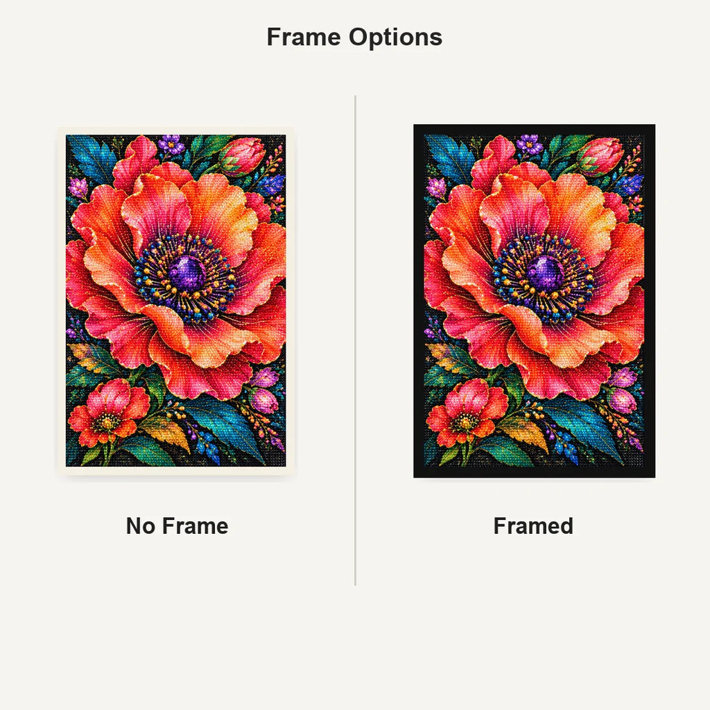 Coral Poppy Jewel Bloom Diamond Painting Kit — No Frame and Framed comparison
