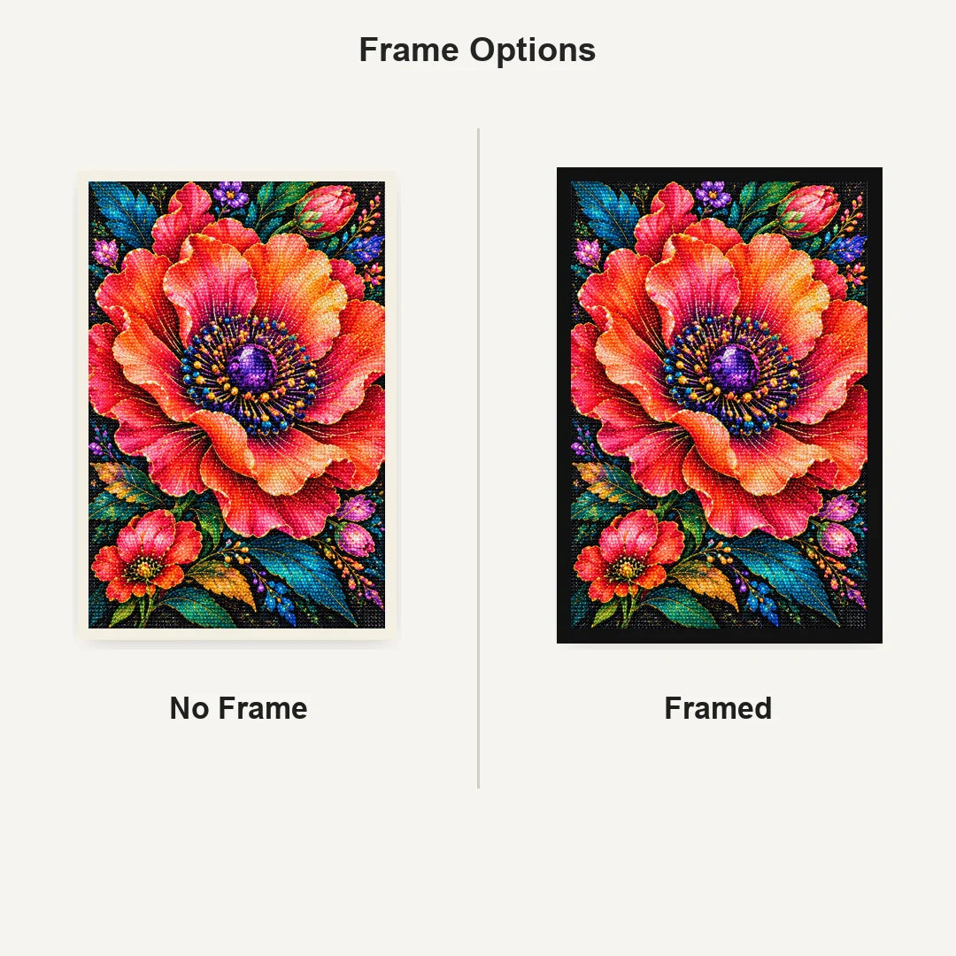Coral Poppy Jewel Bloom Diamond Painting Kit — No Frame and Framed comparison