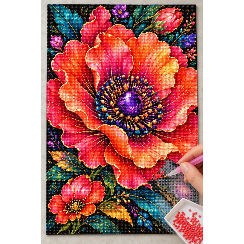 Coral Poppy Jewel Bloom Diamond Painting Kit — Diamond painting process