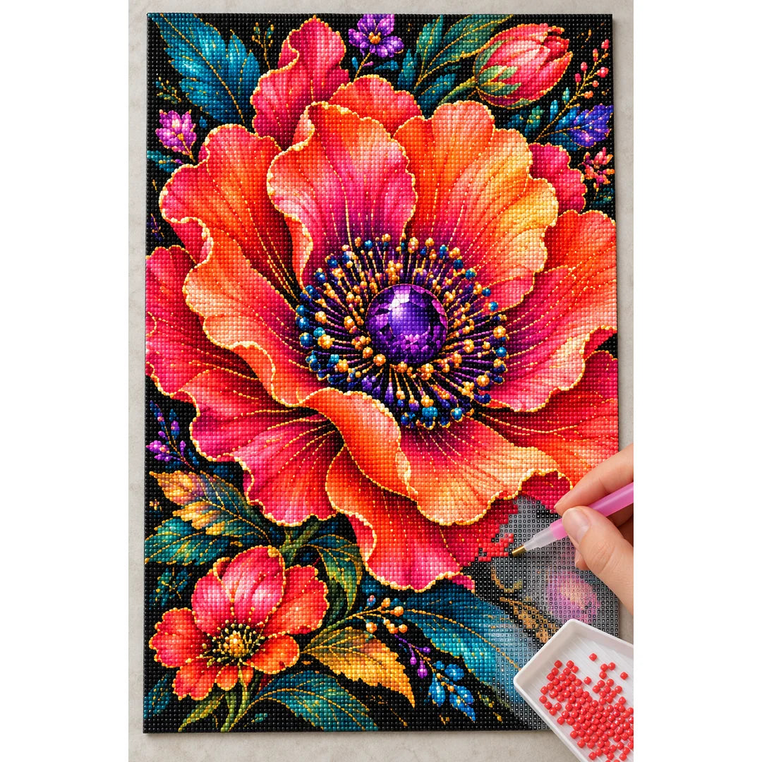 Coral Poppy Jewel Bloom Diamond Painting Kit — Diamond painting process