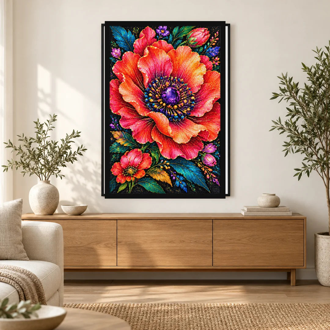 Coral Poppy Jewel Bloom Diamond Painting Kit — Home decor scene