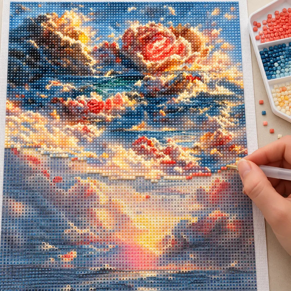 Coral Rose at Sunset Over the Ocean: process